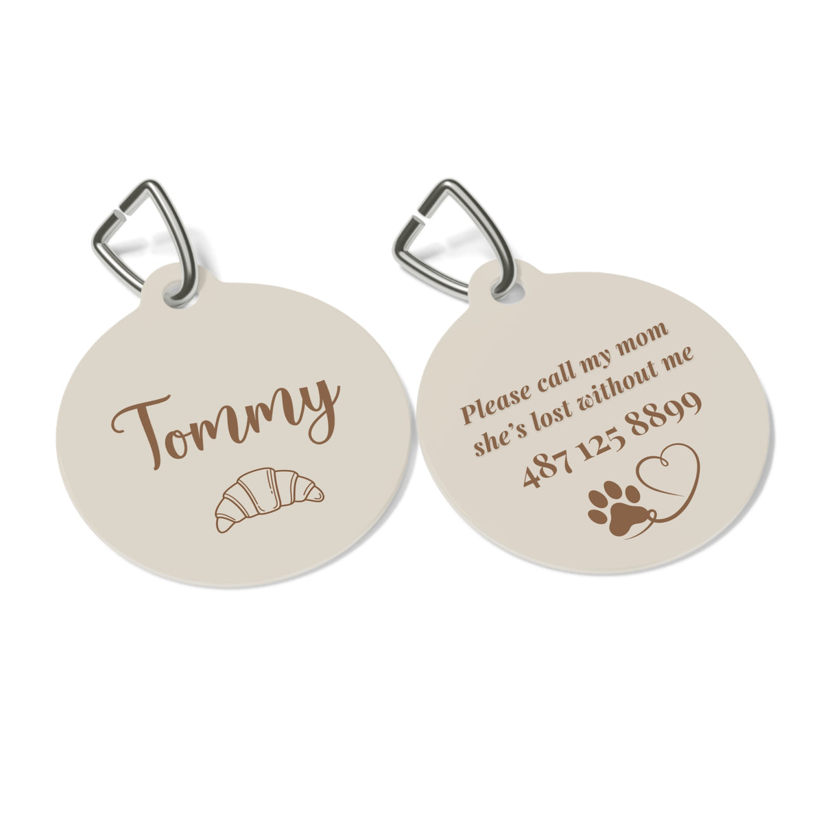 Front and back of the croissant personalized pet tag side by side