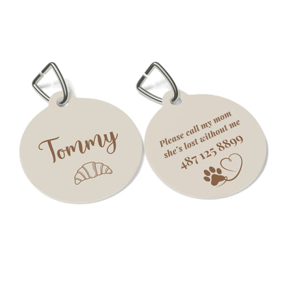 Front and back of the croissant personalized pet tag side by side