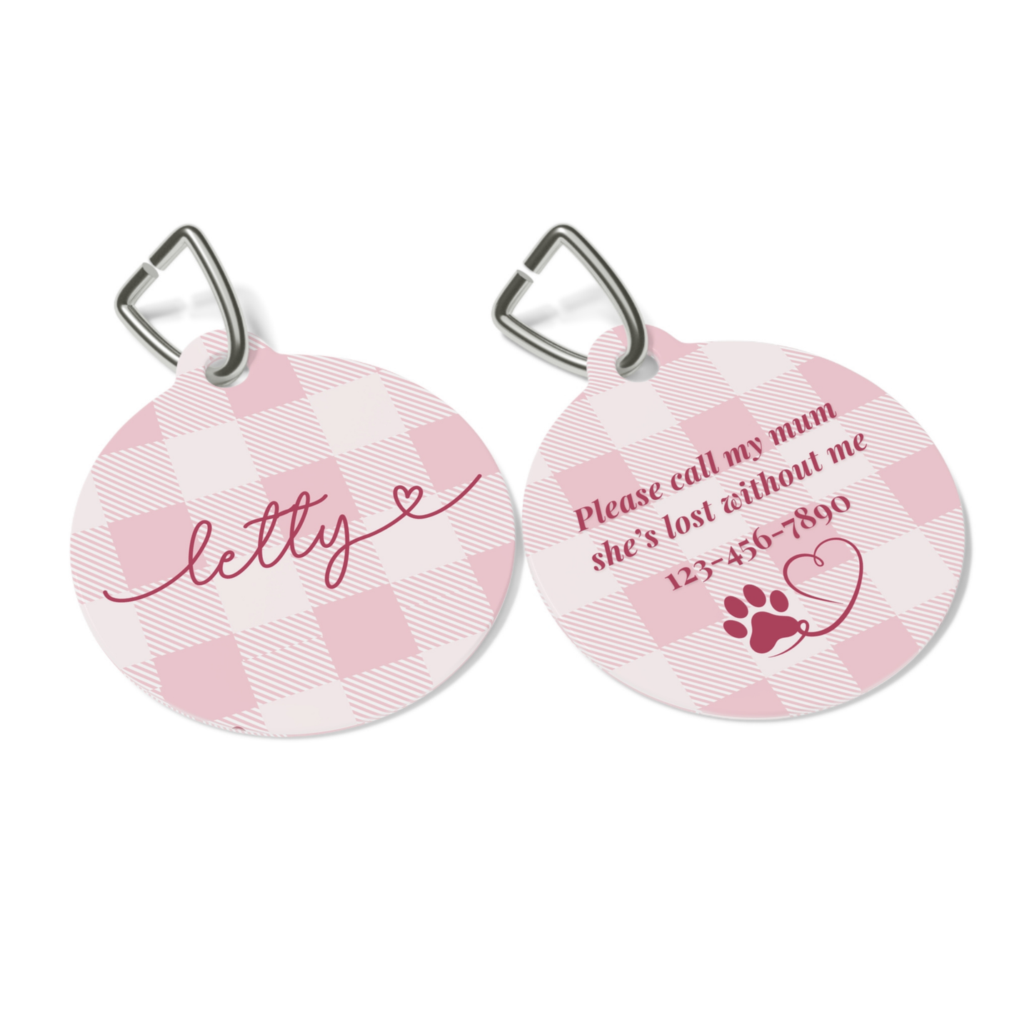 Personalized pink checkered pet tag - back view