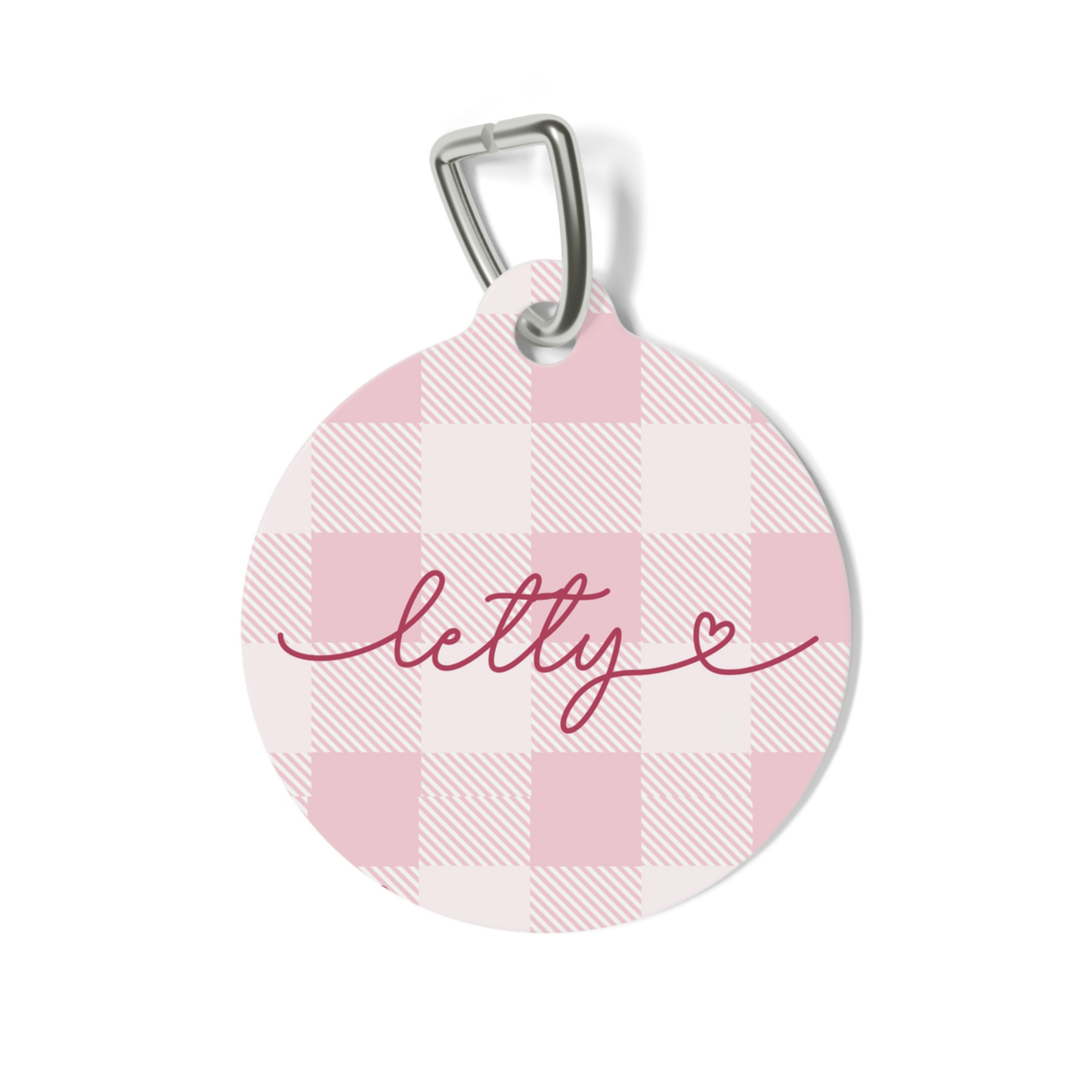 Personalized pink checkered pet tag - front view