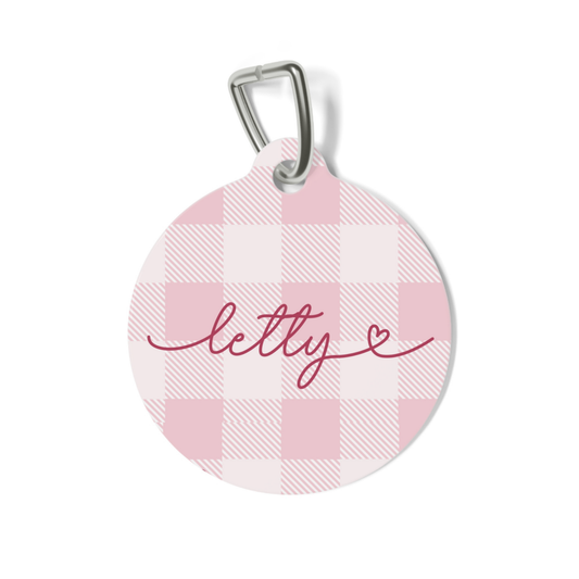 Personalized pink checkered pet tag - front view