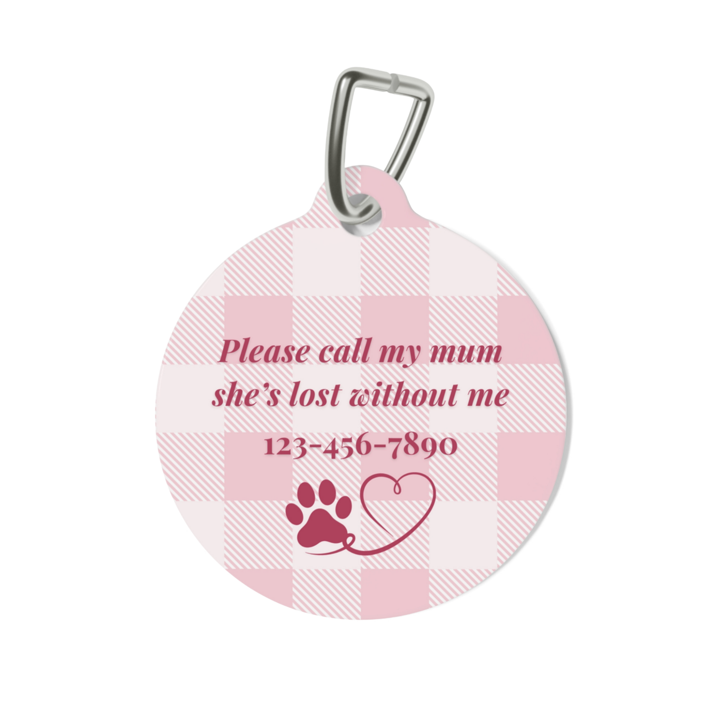 Personalized pink checkered pet tag - close up detail