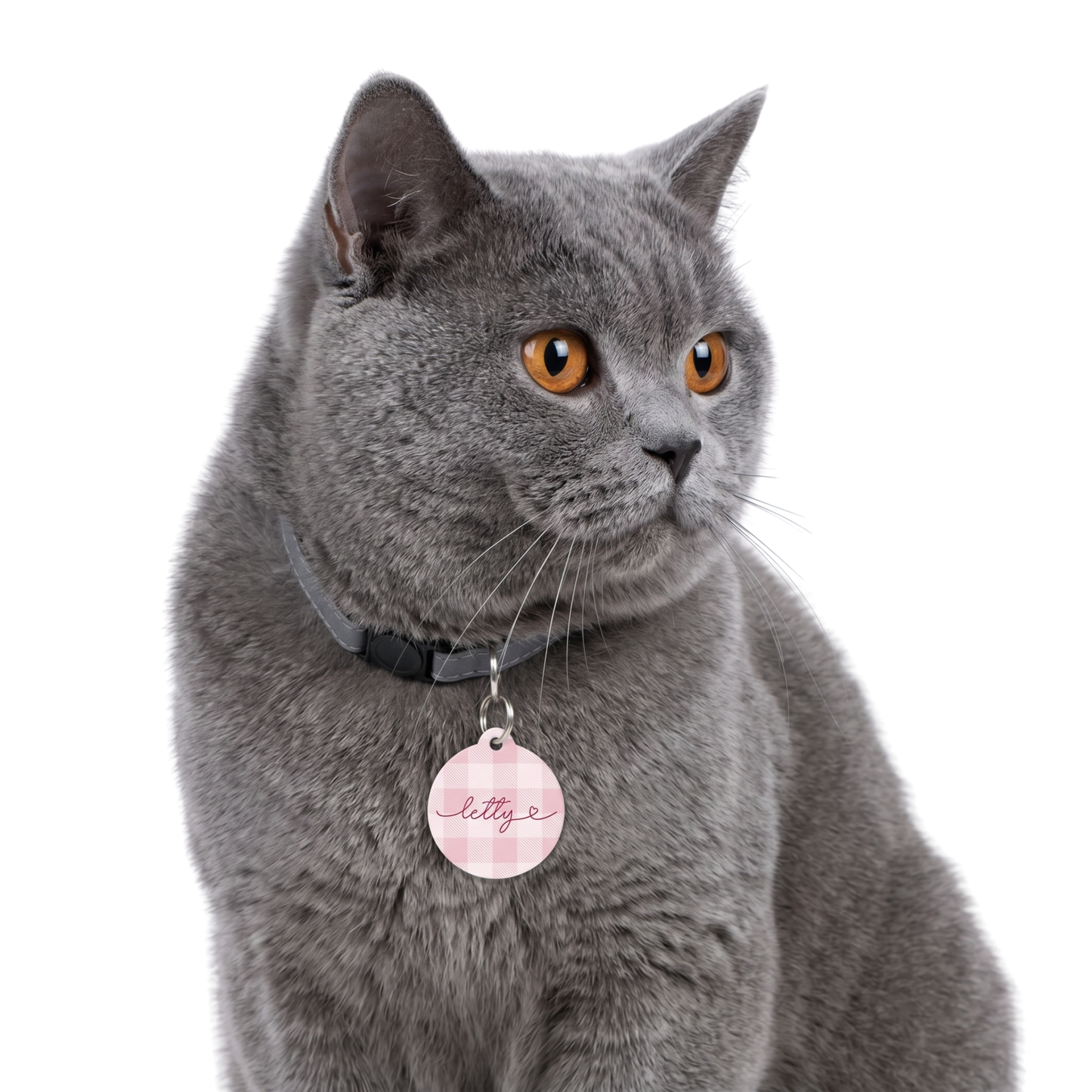 Personalized pink checkered pet tag - stainless steel ring detail
