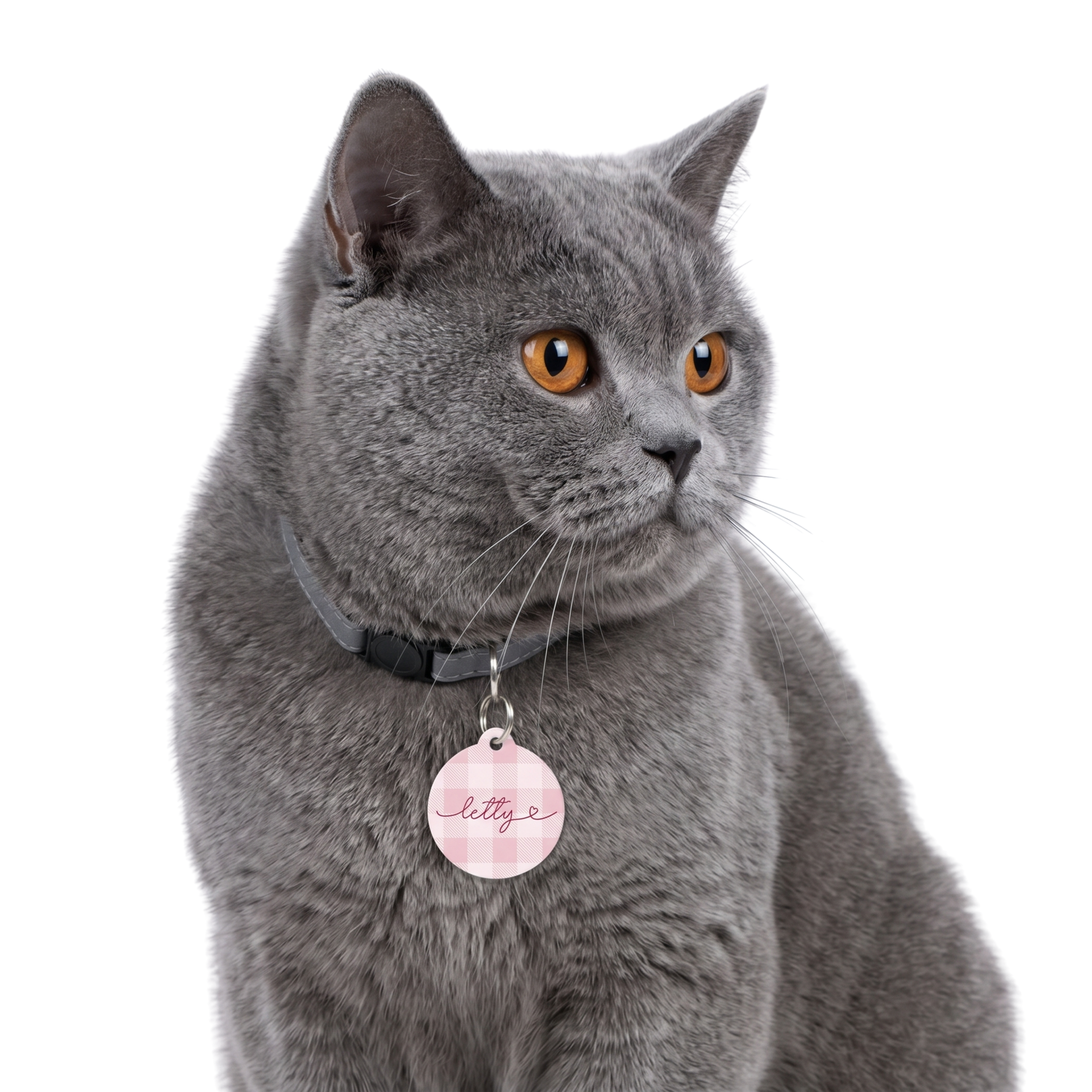 Personalized pink checkered pet tag - stainless steel ring detail