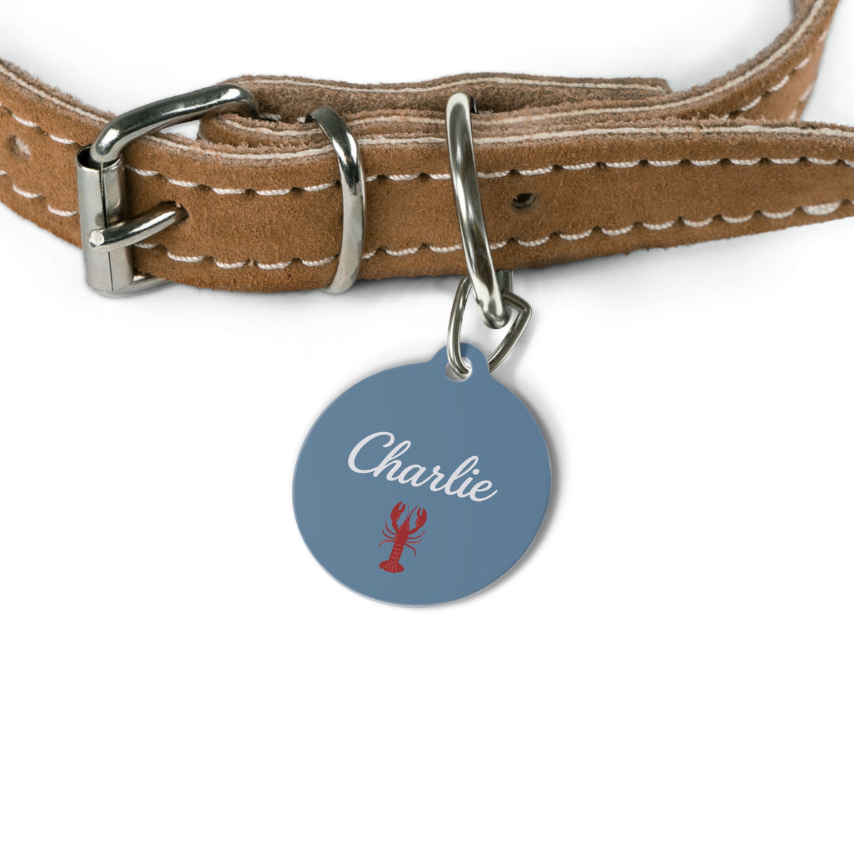 Denim blue lobster pet tag hanging from a brown leather dog collar