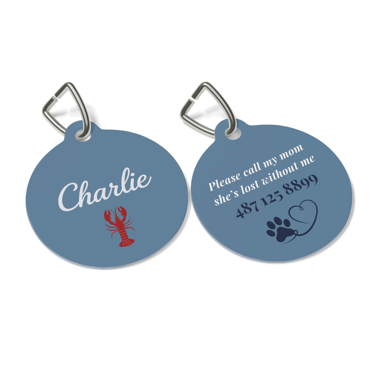 Front and back of the denim blue lobster personalized pet tag side by side