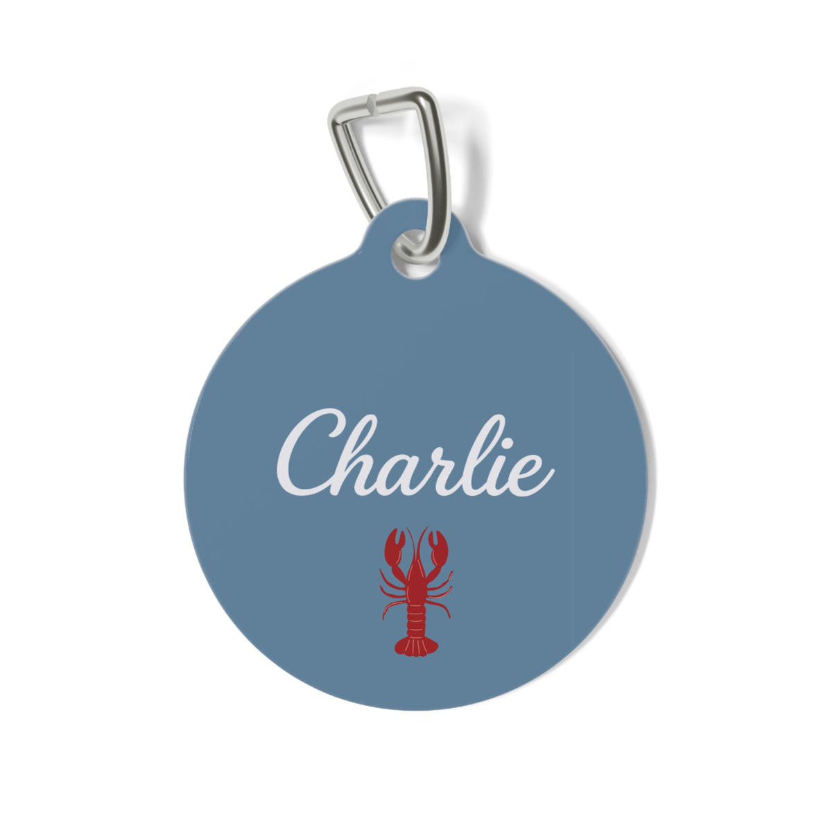 Denim blue personalized pet tag with the name Charlie in white script and a red lobster