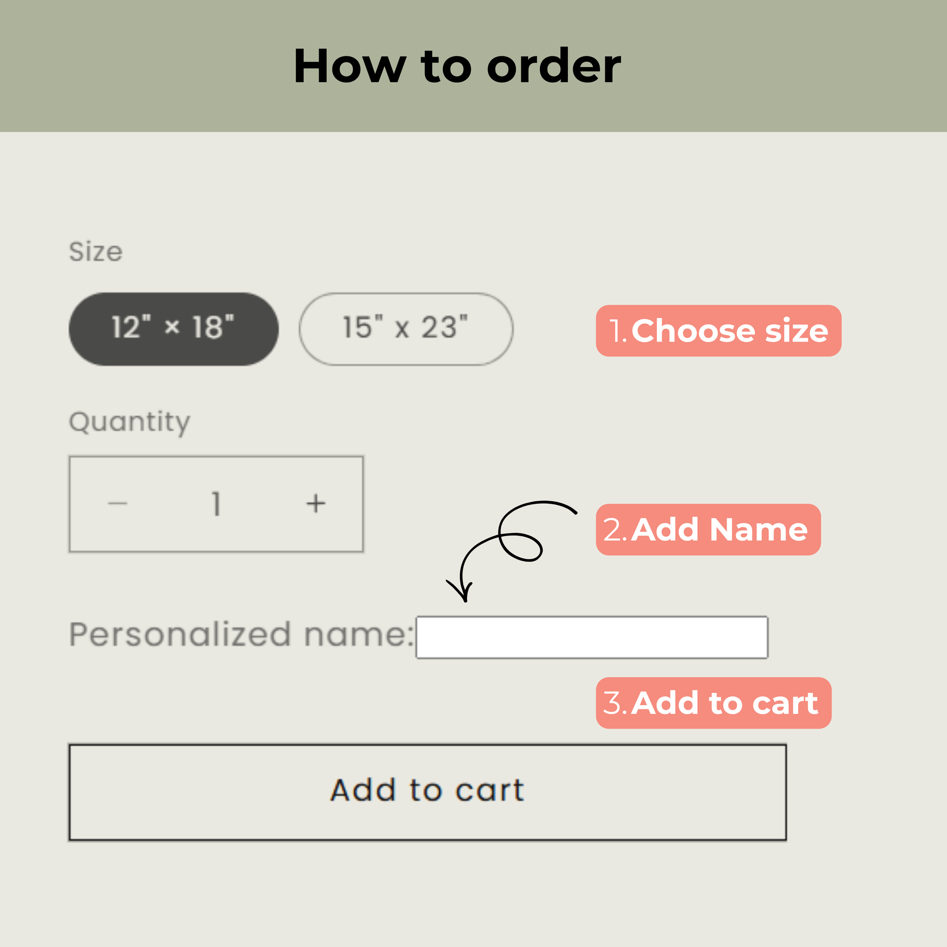 Step-by-step guide on how to order with size, quantity, and personalized name fields.