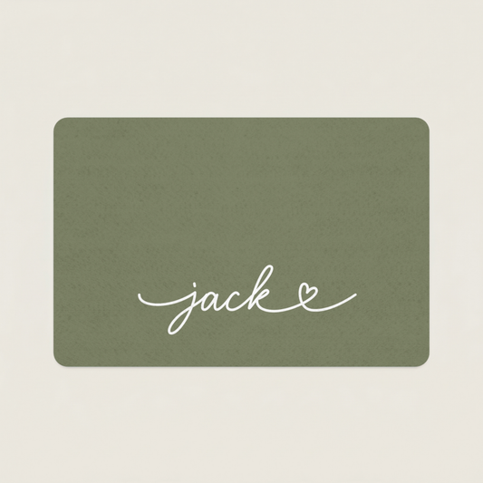 Custom Green dog food mat with 'jack' written on it