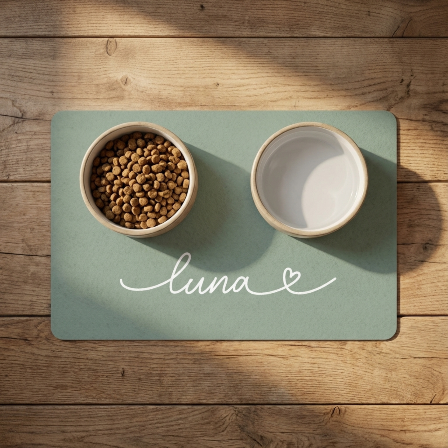 Two bowls on a placemat with 'luna' written on it, one containing dog food on a wooden surface.