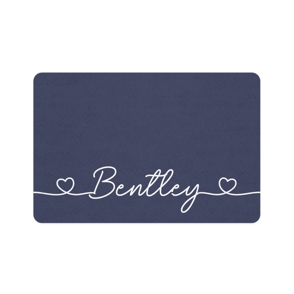 Personalized navy blue dog food mat - front view