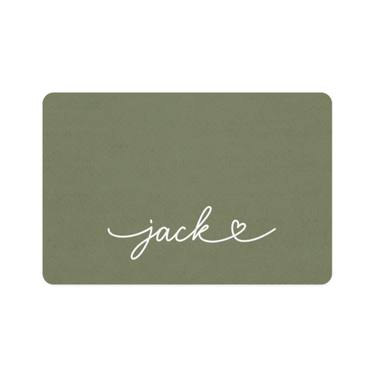 Personalized olive green dog food mat - front view