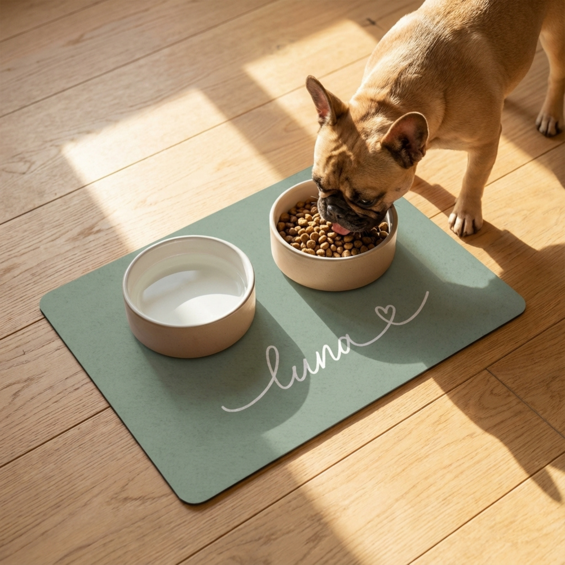 Dog eating from a bowl on a mat with 'Luna' written on it, on a wooden floor.