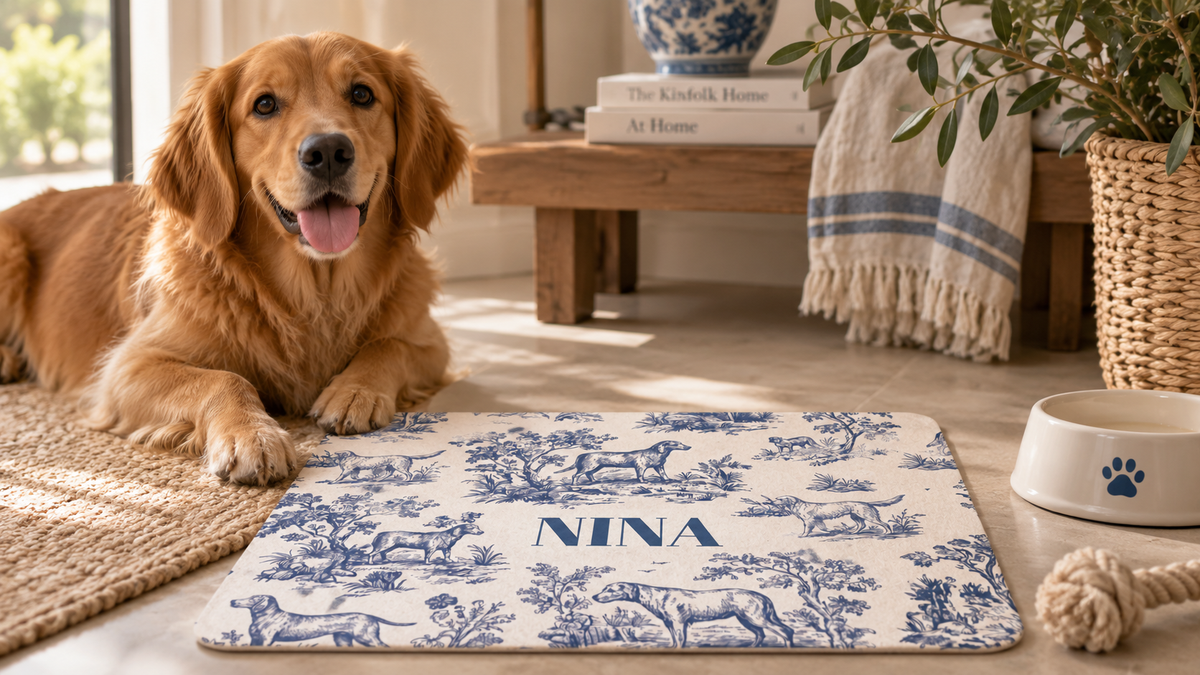 Personalized dog food mat printed with a dog's name