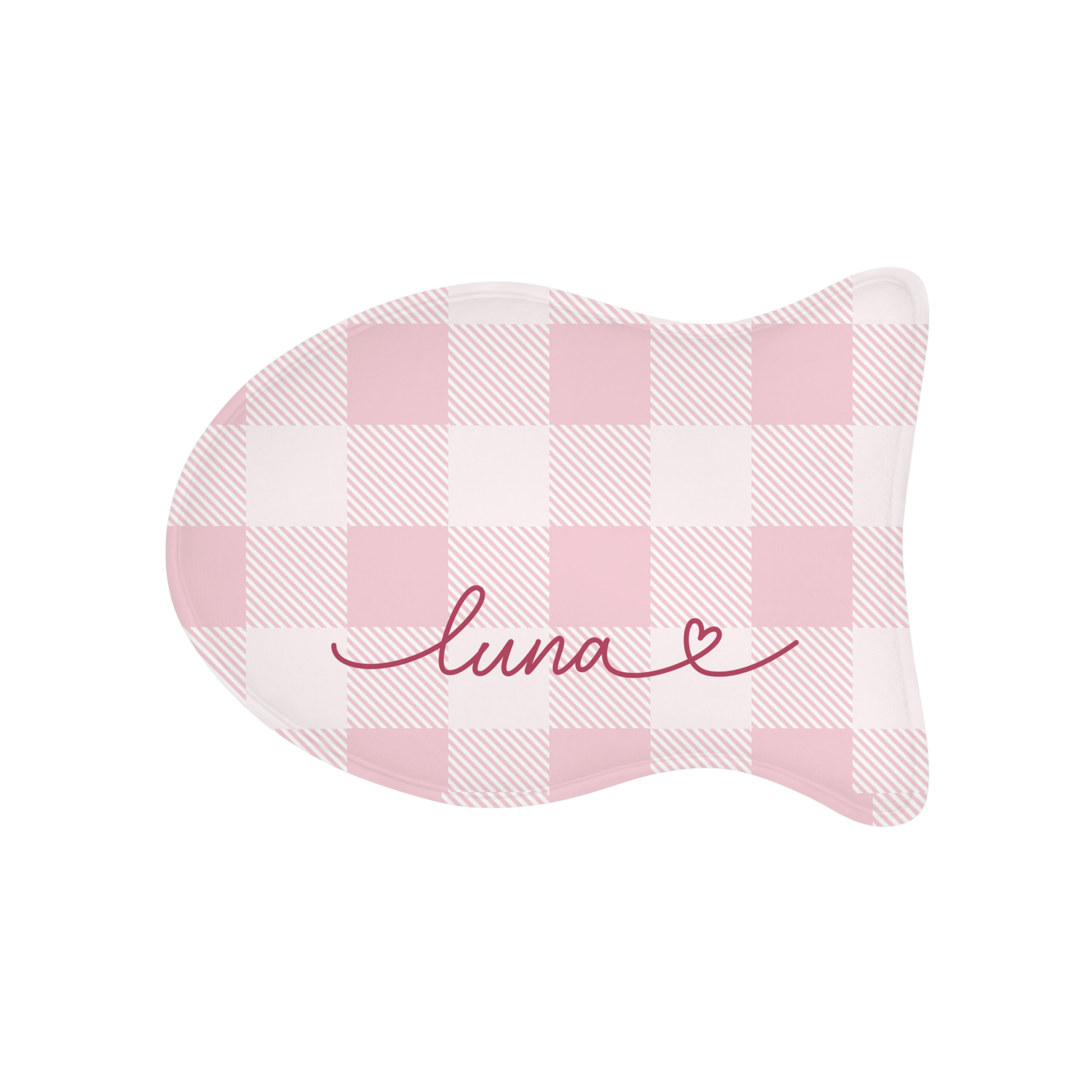 Personalized pink checkered cat food mat - fish shape front view