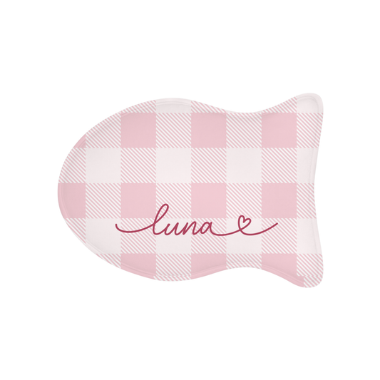 Personalized pink checkered cat food mat - fish shape front view