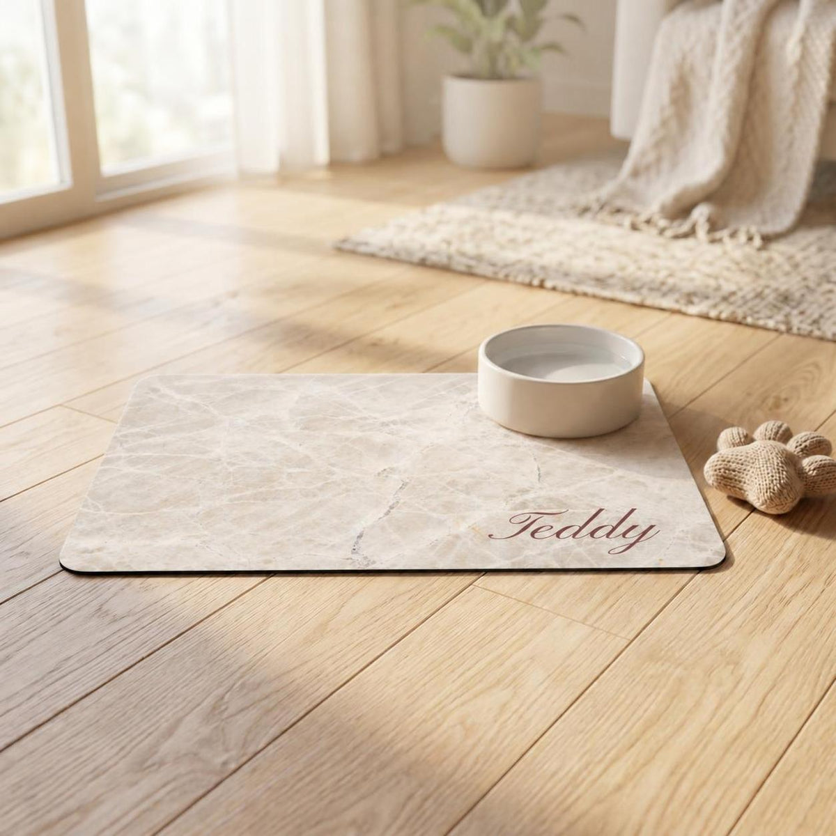 Beige Marble Personalized Dog Food Mat – Custom Name Pet Bowl Mat