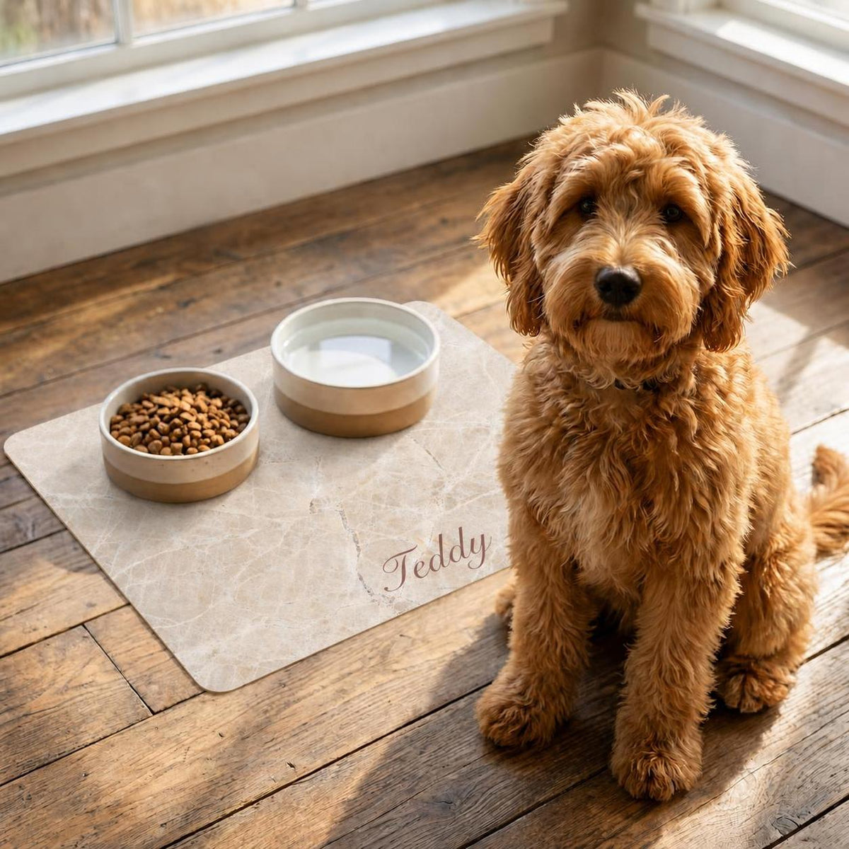 Beige Marble Personalized Dog Food Mat – Custom Name Pet Bowl Mat