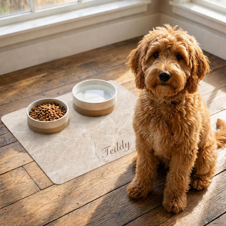 Beige Marble Personalized Dog Food Mat – Custom Name Pet Bowl Mat