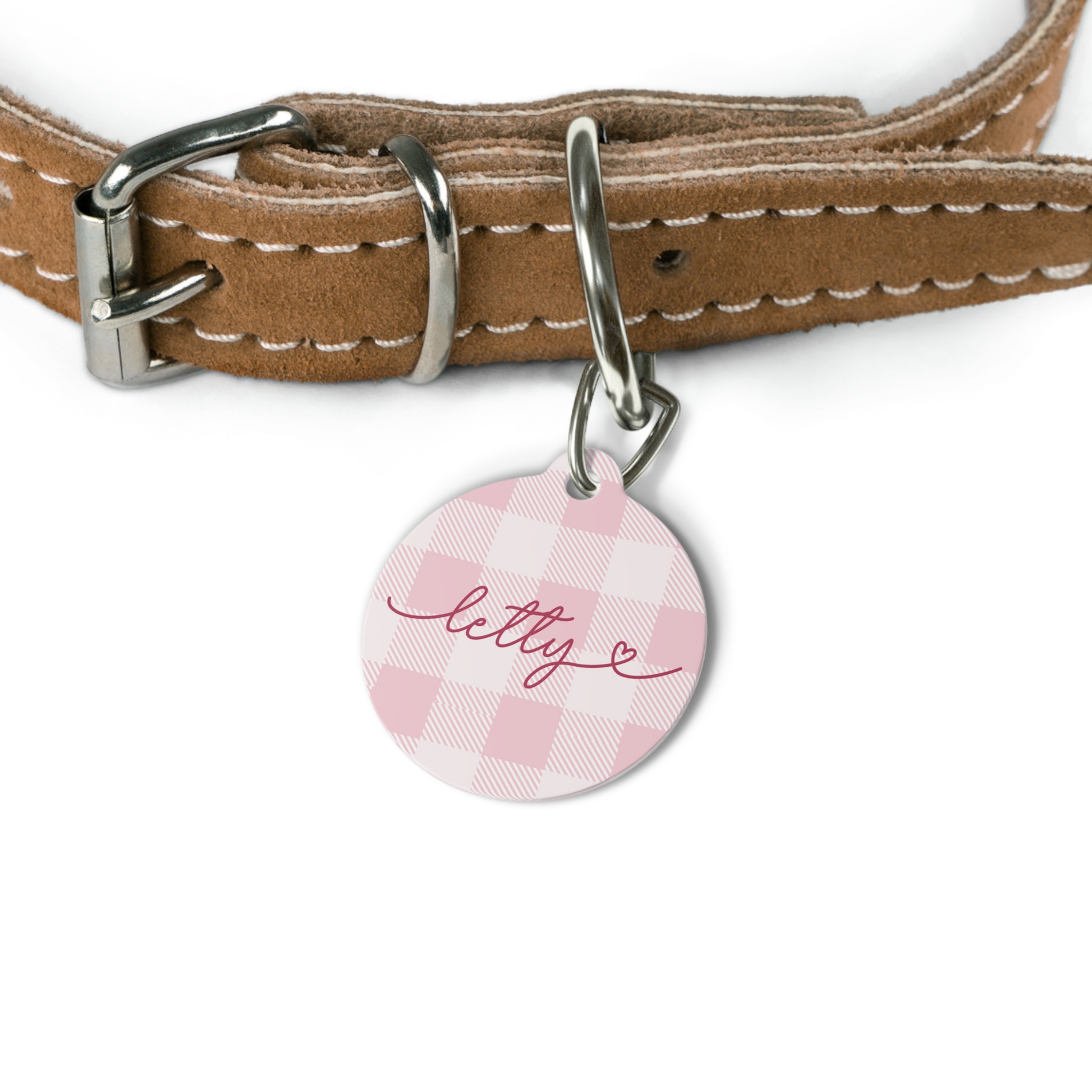 Personalized pink checkered pet tag - two tags shown