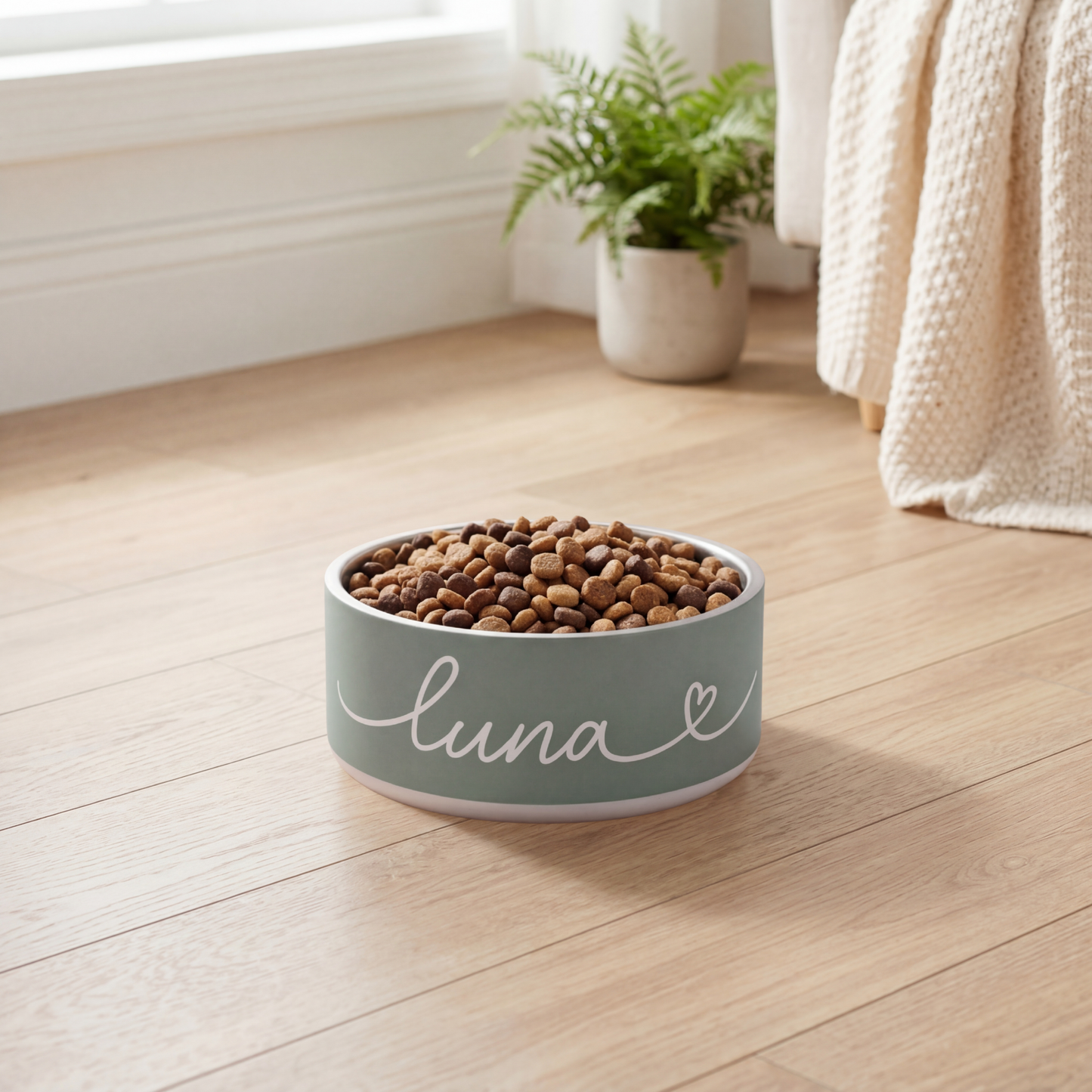 Pet food bowl labeled 'Luna' on a wooden floor with a plant and blanket in the background - Paw and Bone Atelier