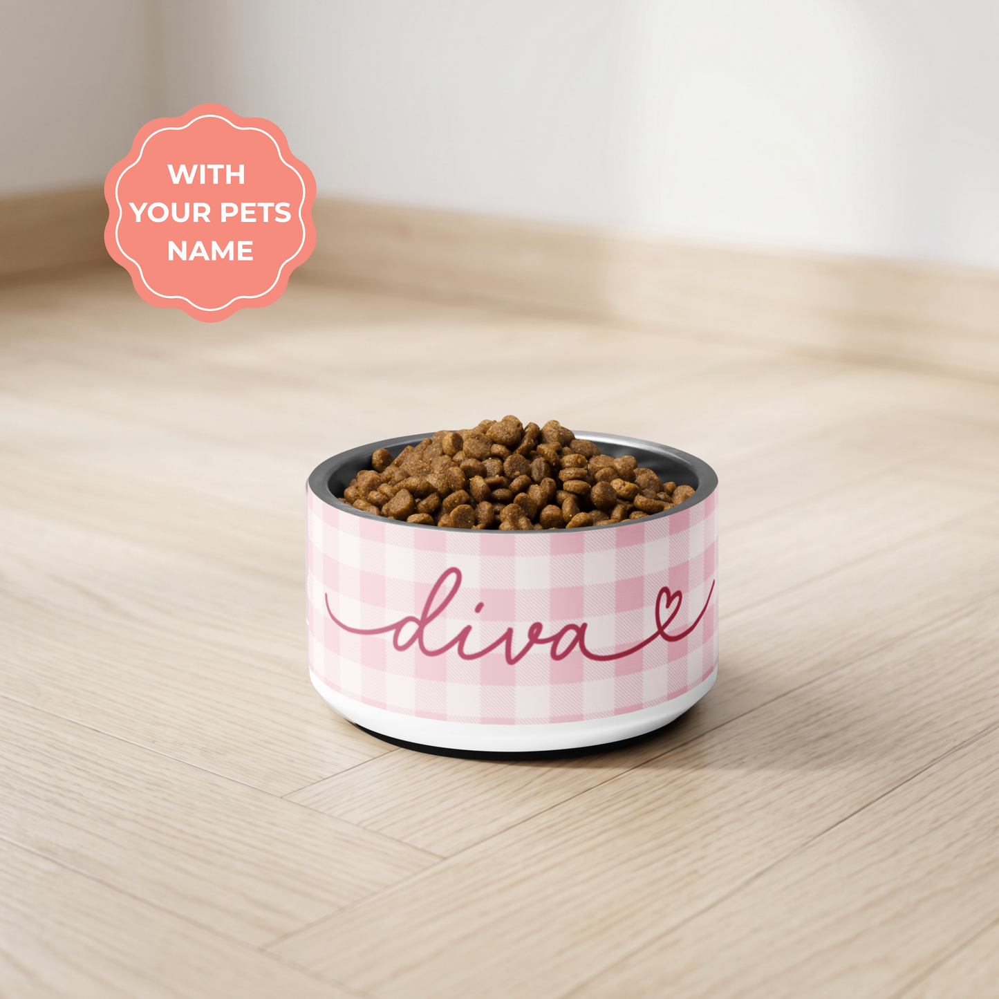 Personalized Pink Checkered Dog Bowl