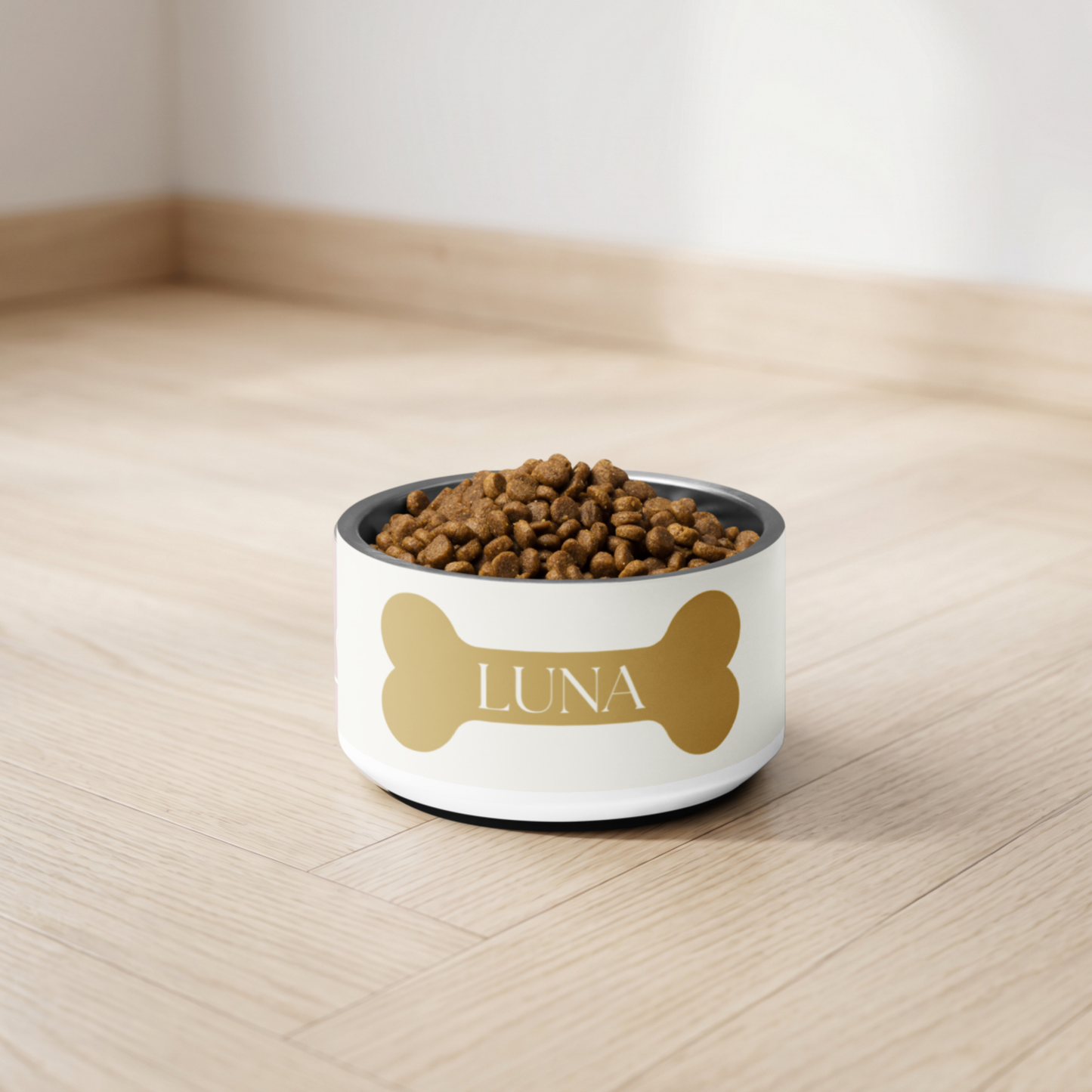 Personalized Off-White Dog Bowl with Gold Nameplate