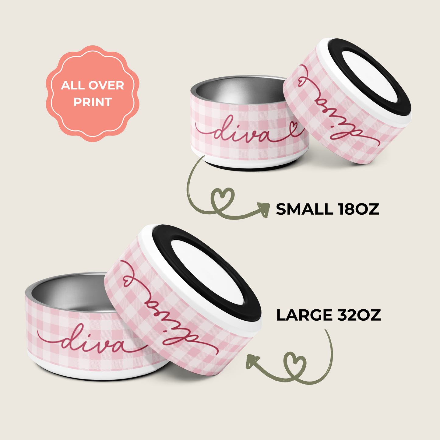 Personalized Pink Checkered Dog Bowl