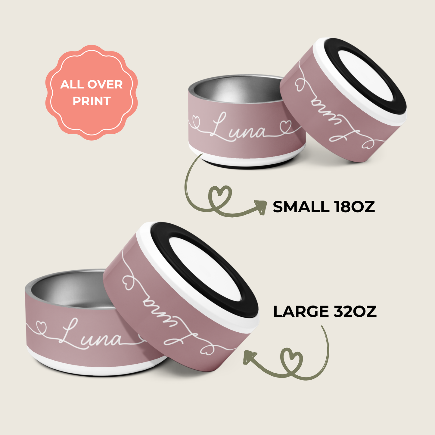 Two dog bowls with 'Luna' printed on them, one small 18oz and one large 32oz, on a light beige background.