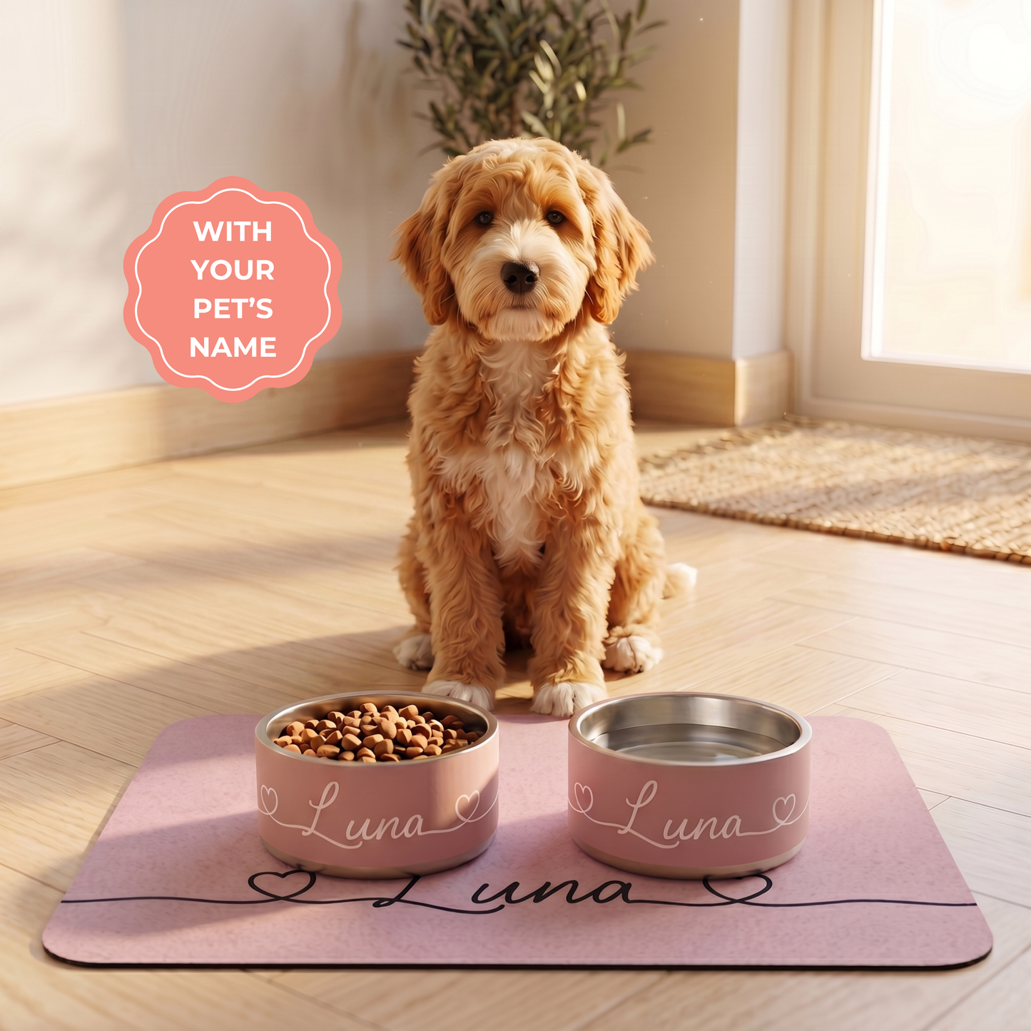 Puppy sitting on a pink mat with two dog bowls labeled 'Luna' in a bright room.
