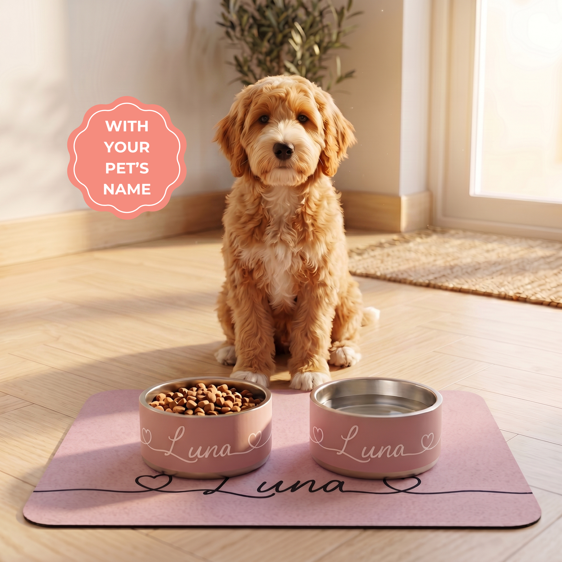 Puppy sitting on a pink mat with two dog bowls labeled 'Luna' in a bright room.