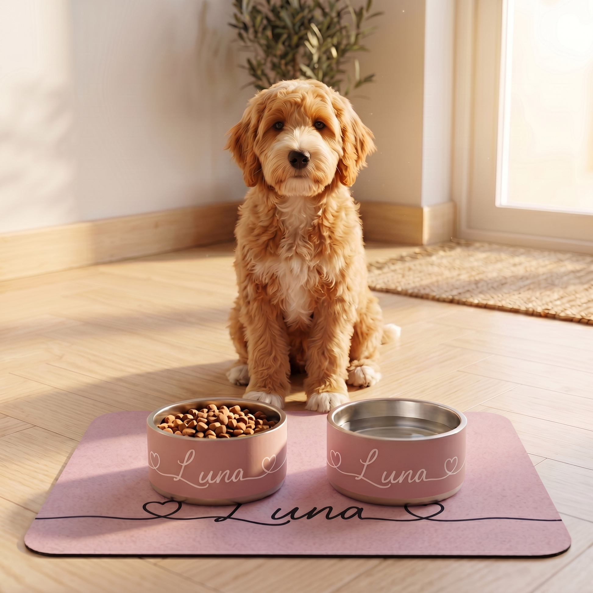Golden retriever puppy sitting next to personalized pink dog bowl on mat