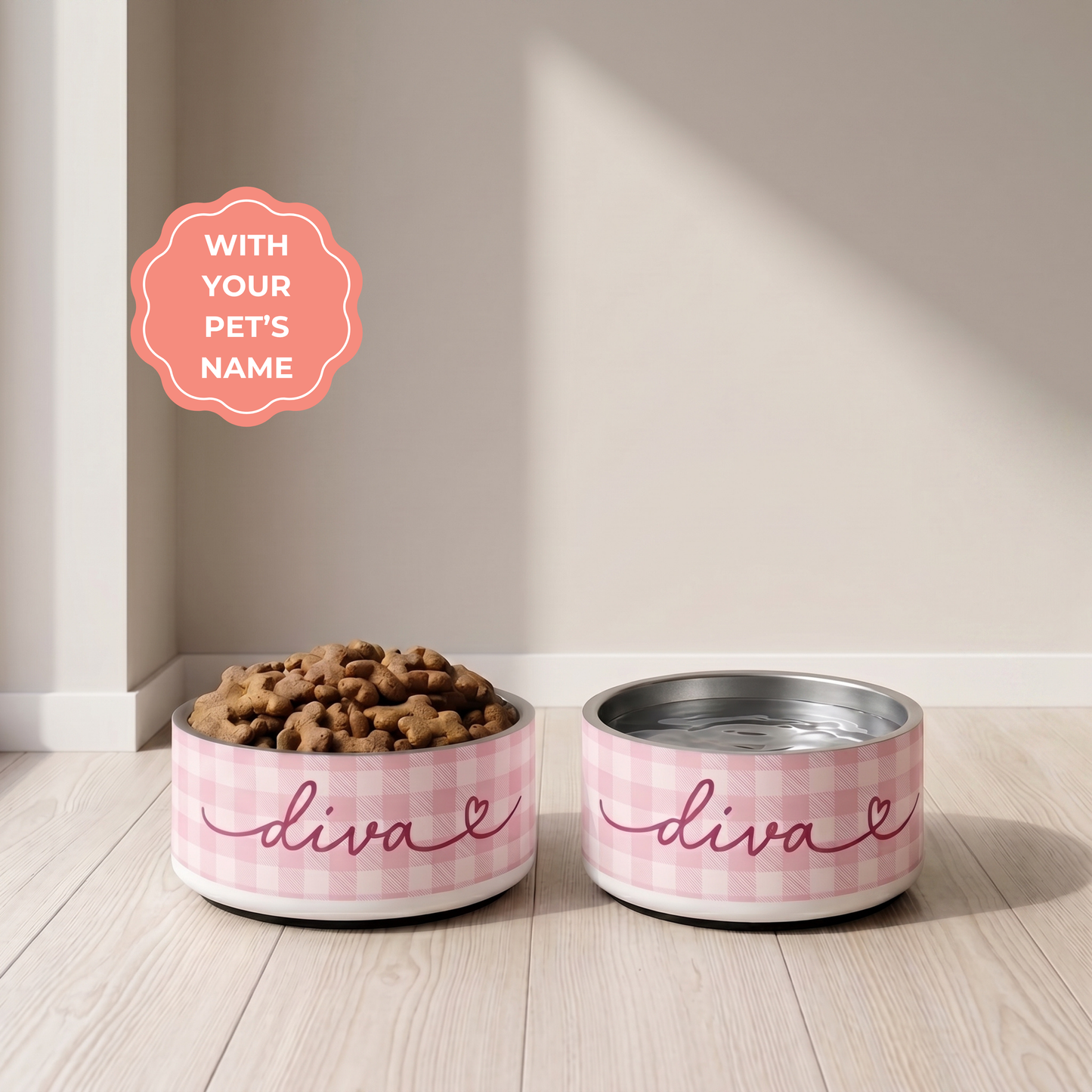 Personalized Pink Checkered Dog Bowl