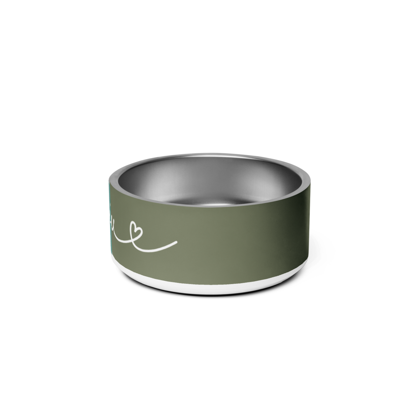 Personalized olive green dog bowl - angle view