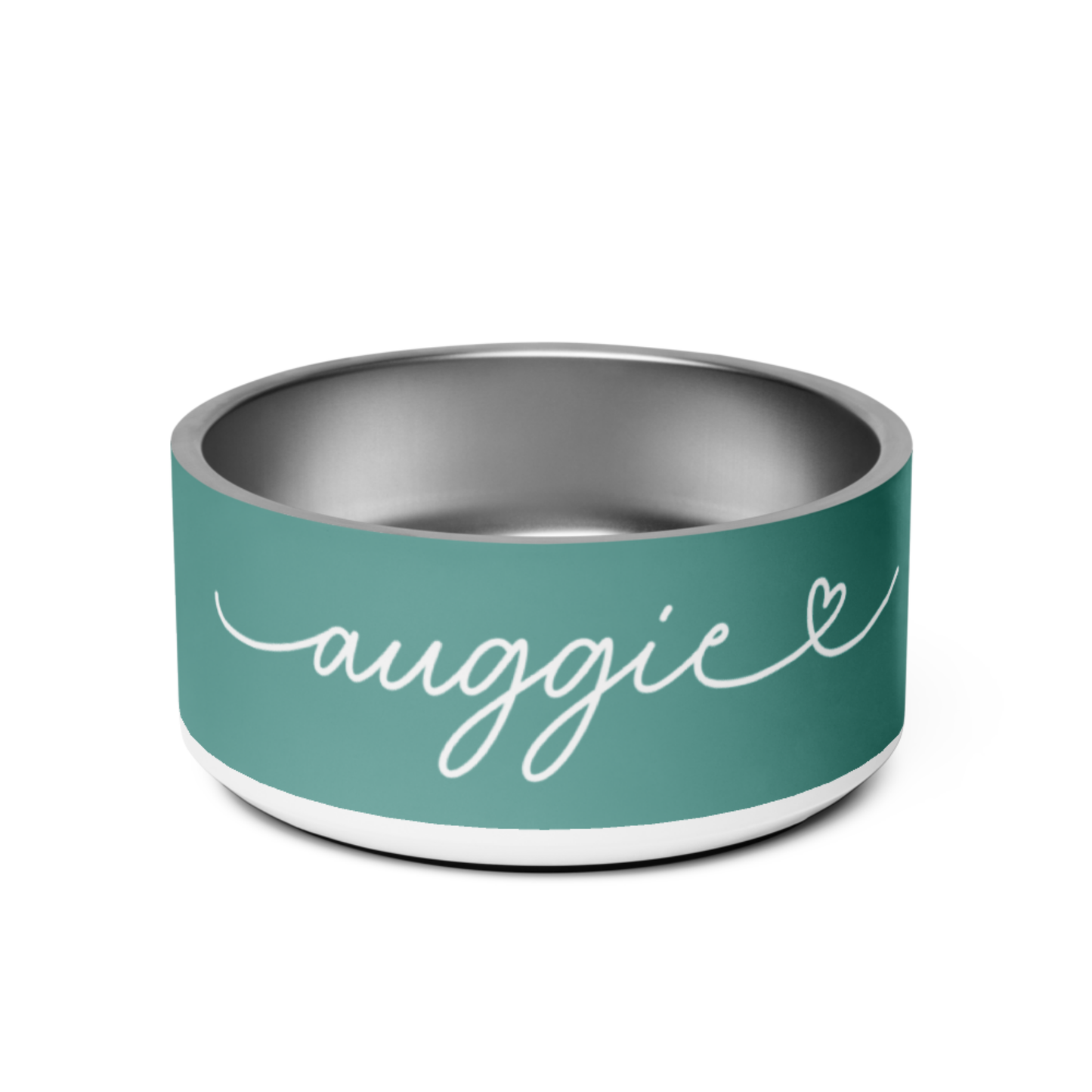 Pet bowl with 'auggie' printed on a teal background
