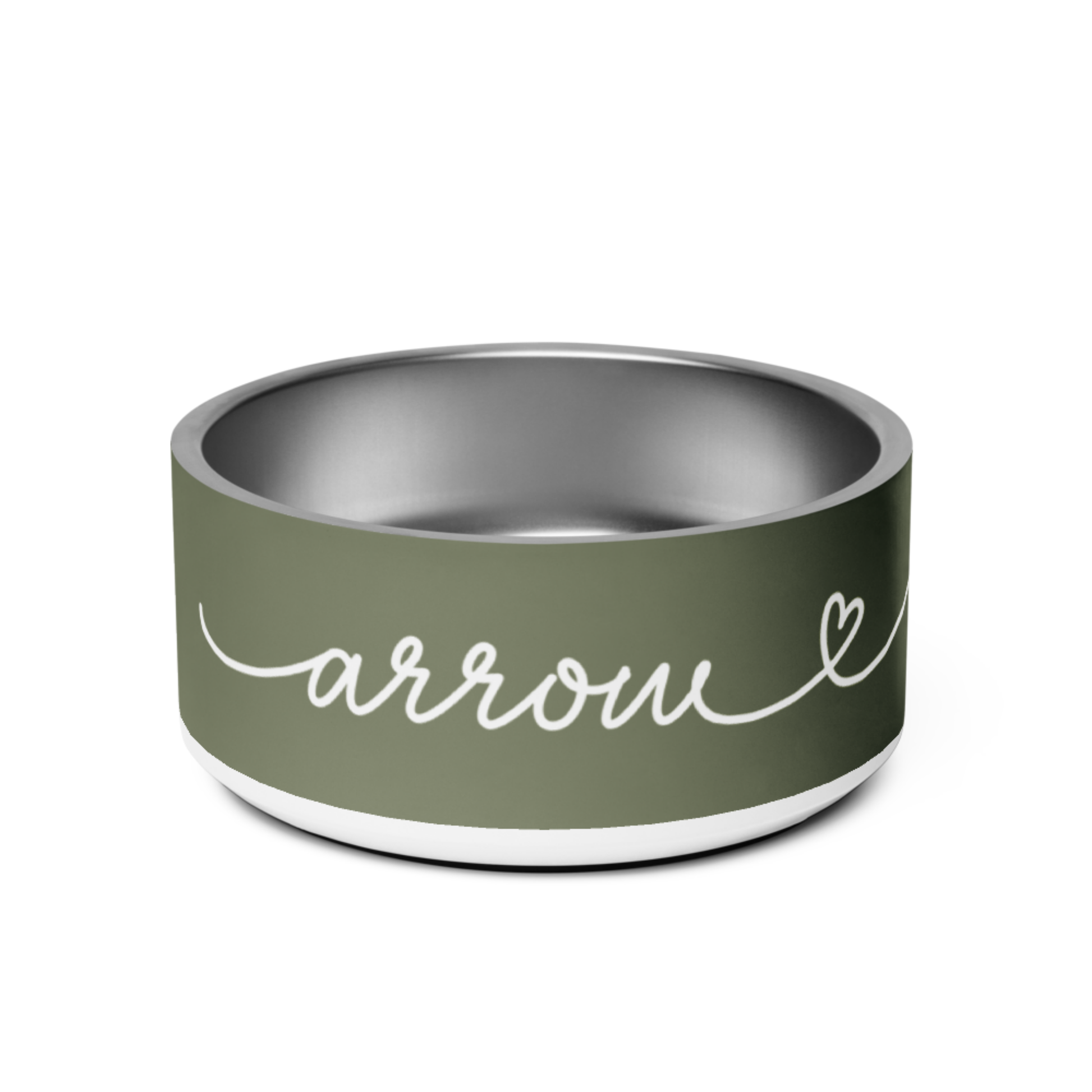 Green pet bowl with 'arrow' text on a white background