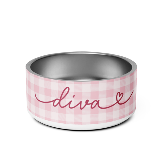 Dog bowl with pink gingham pattern and 'diva' text on a white background