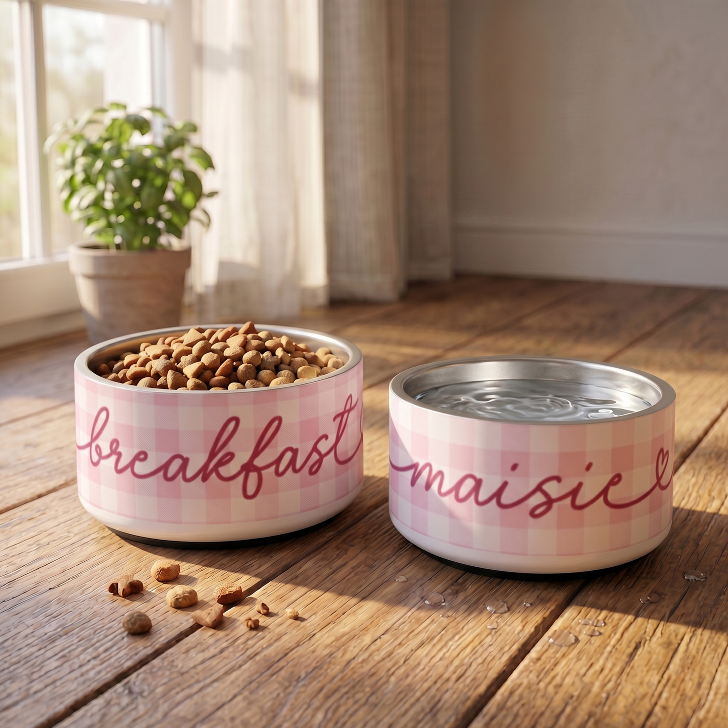 Personalized Pink Checkered Dog Bowl