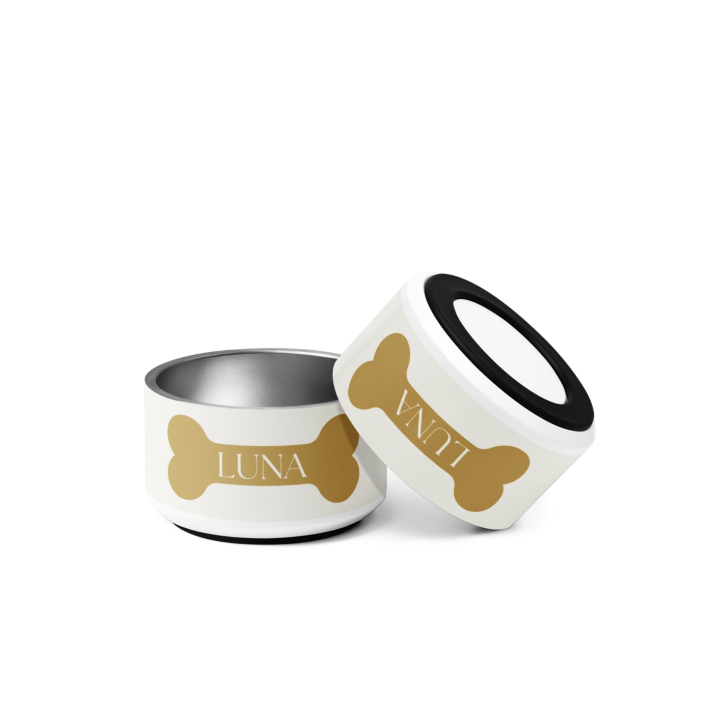 Personalized Off-White Dog Bowl with Gold Nameplate