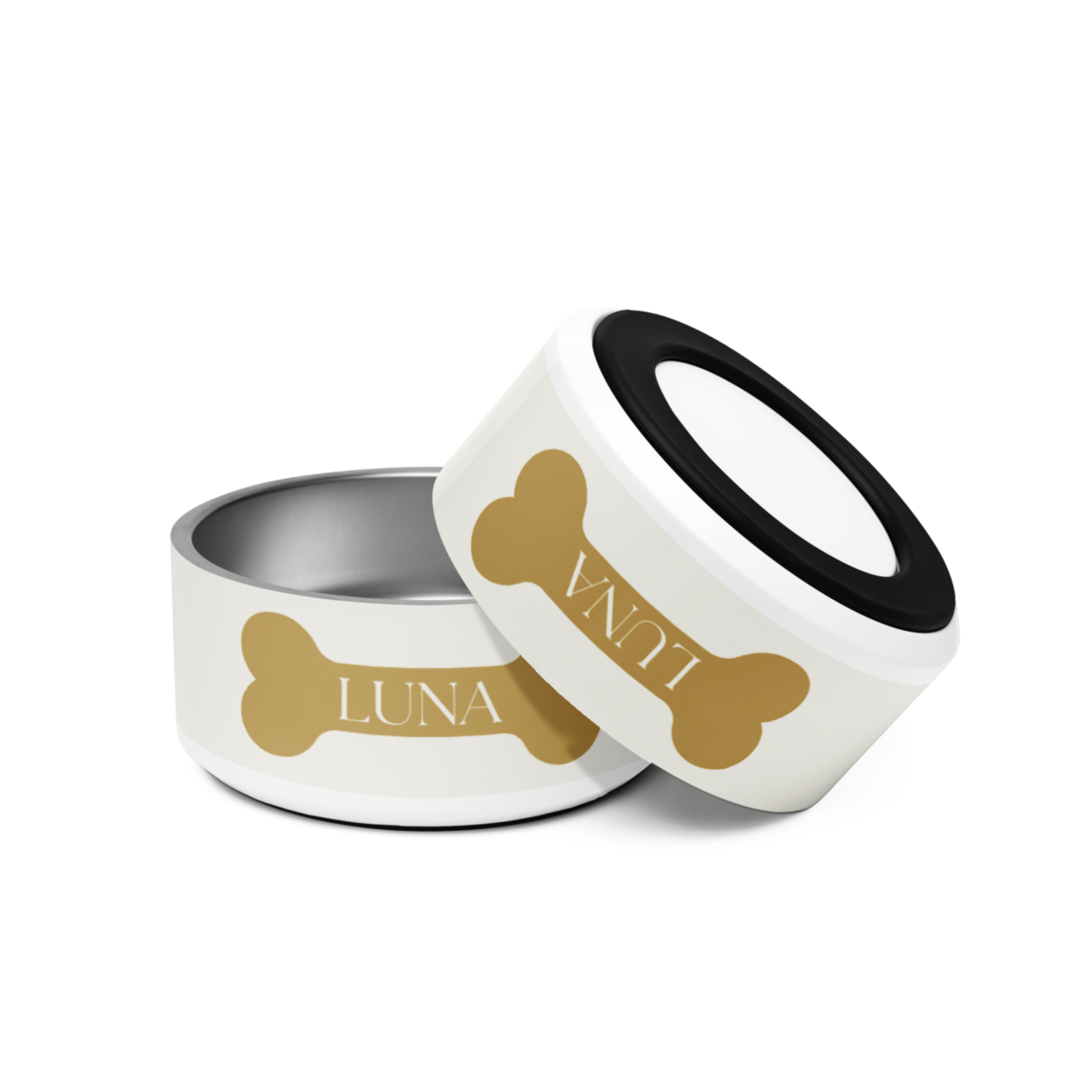 Personalized Off-White Dog Bowl with Gold Nameplate