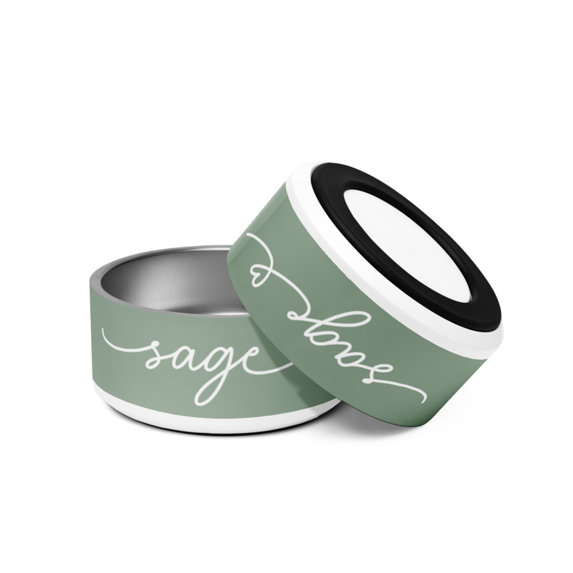 Personalized sage green dog bowl - side view