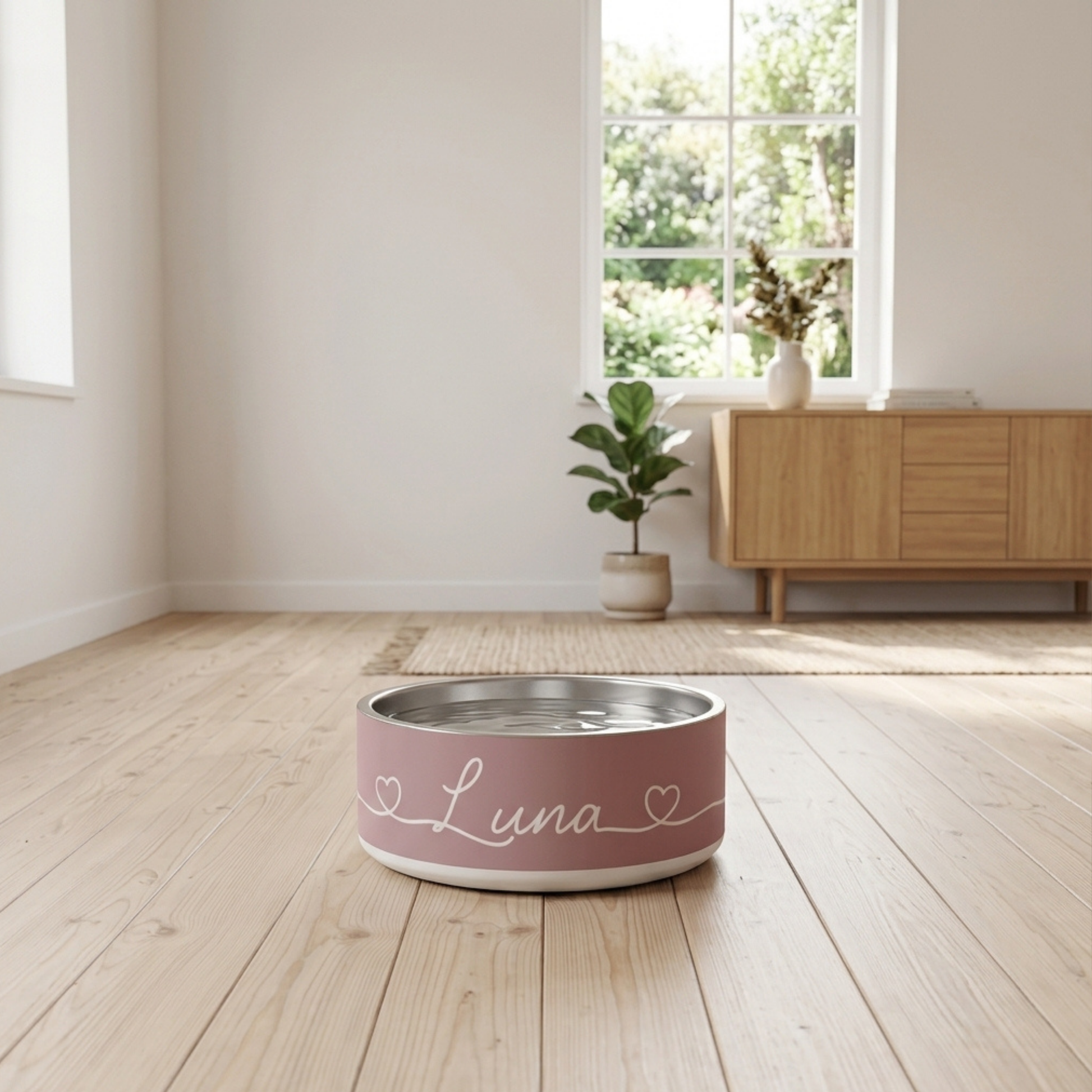 dog bowl in pink with handwritten name Luna