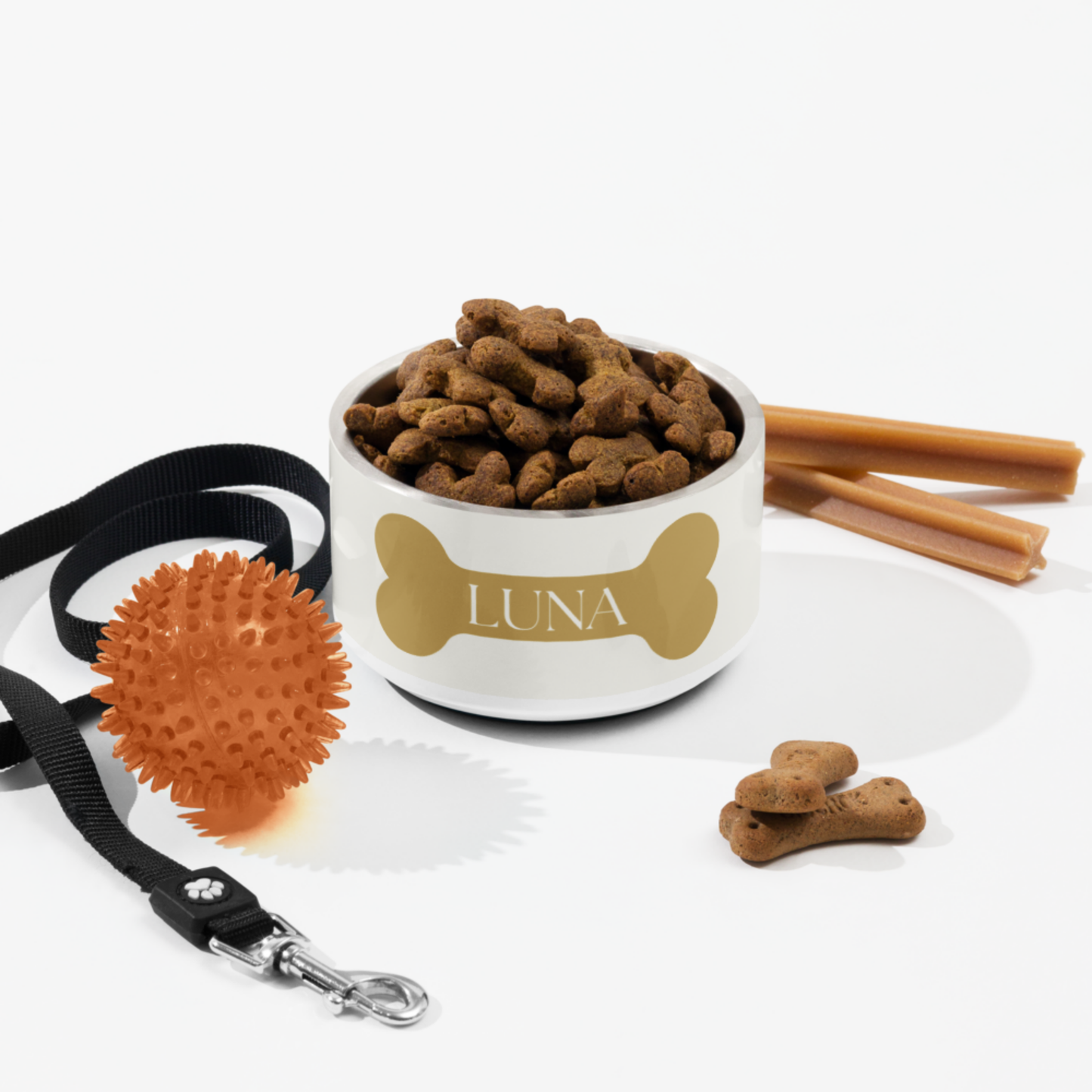 Personalized Off-White Dog Bowl with Gold Nameplate