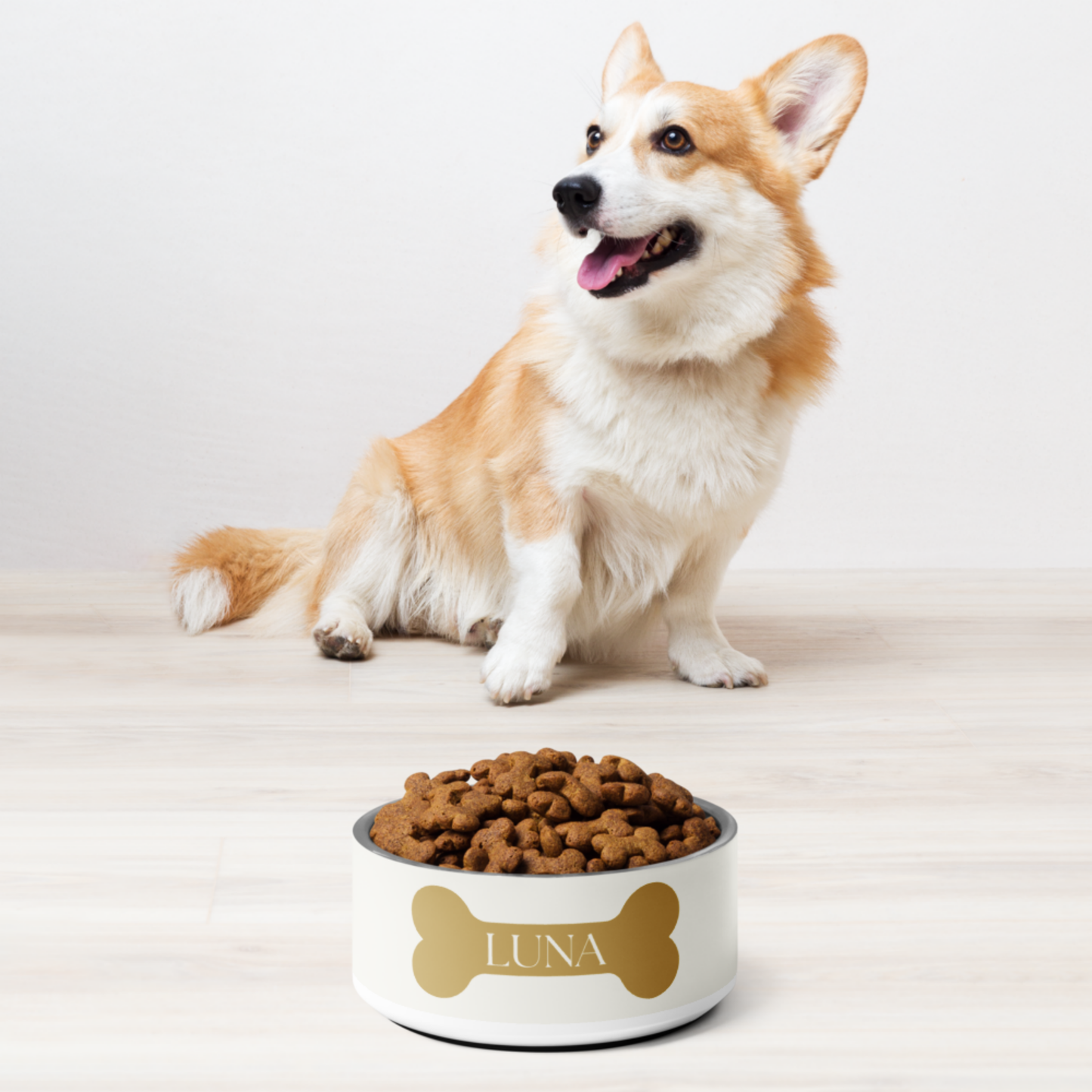 Personalized Off-White Dog Bowl with Gold Nameplate