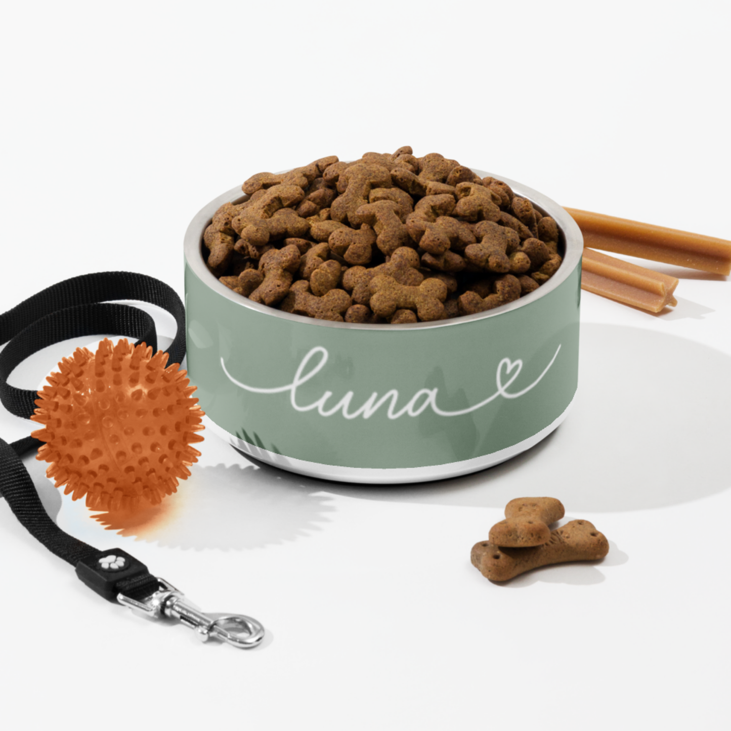 Dog food bowl labeled 'Luna' with dog treats and a leash on a white background - Paw and Bone Atelier