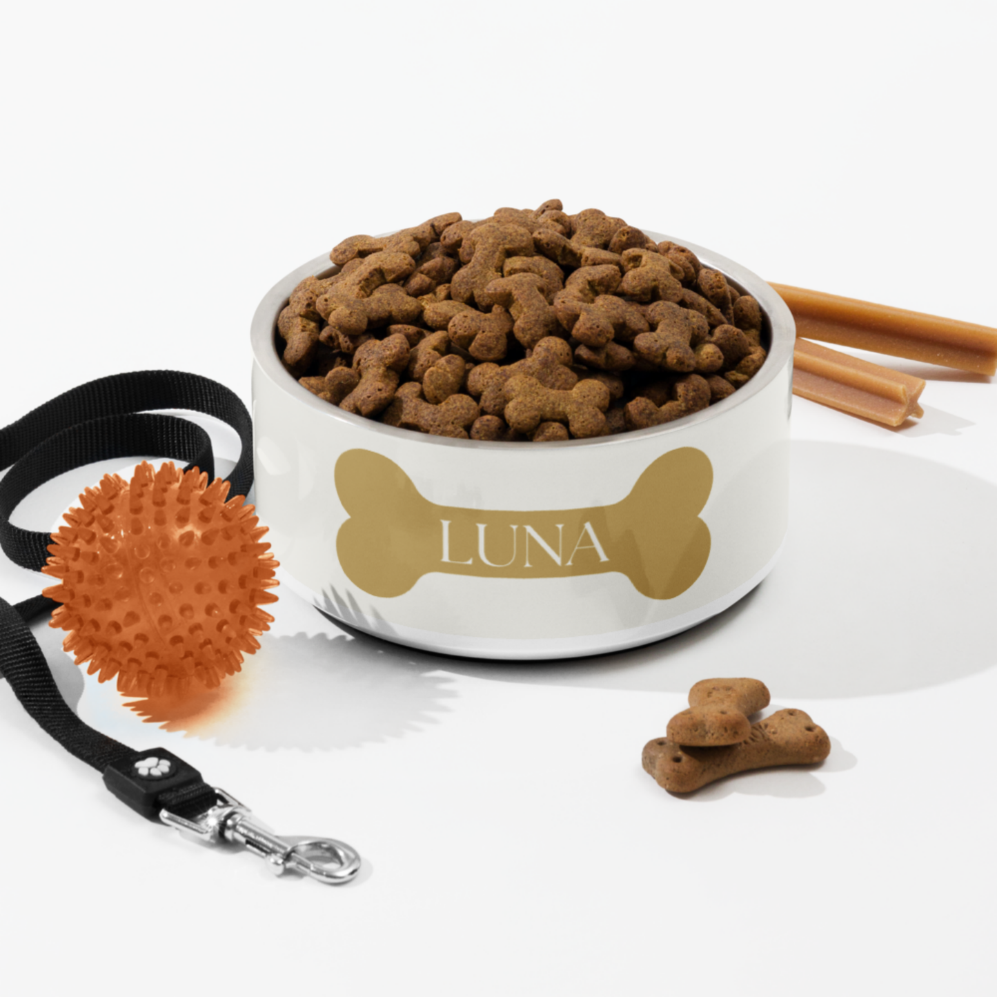 Personalized Off-White Dog Bowl with Gold Nameplate