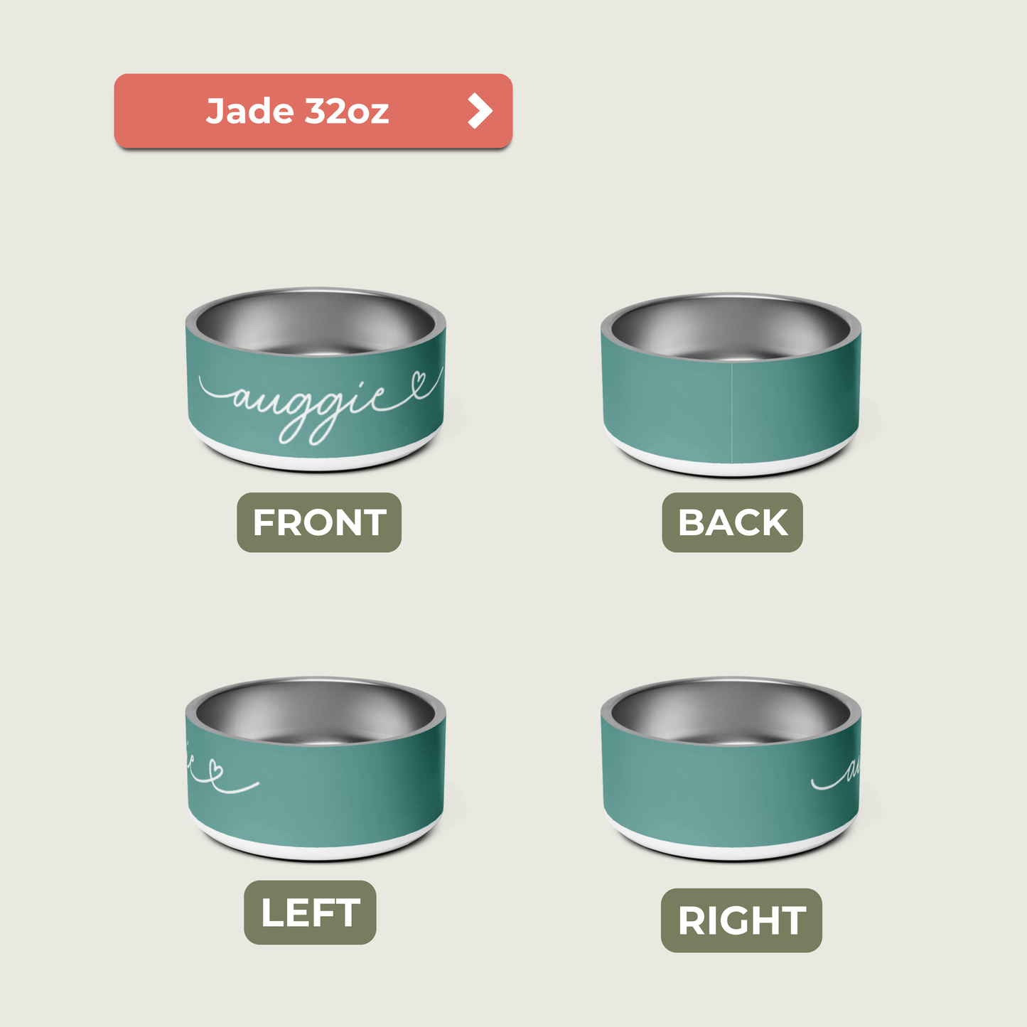 Teal pet bowls with 'auggie' branding on a beige background - Paw and Bone Atelier
