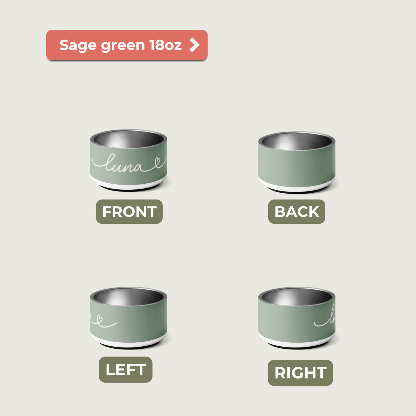 Sage green pet bowls with 'Luna' branding on a beige background - Paw and Bone Atelier