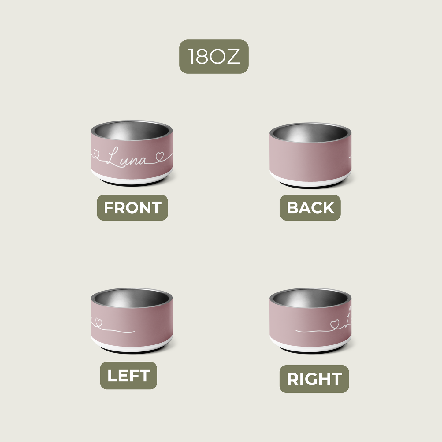 Two pink ceramic dog bowls with silver interior, labeled 'Front', 'Back', 'Left', and 'Right' on a light gray background.