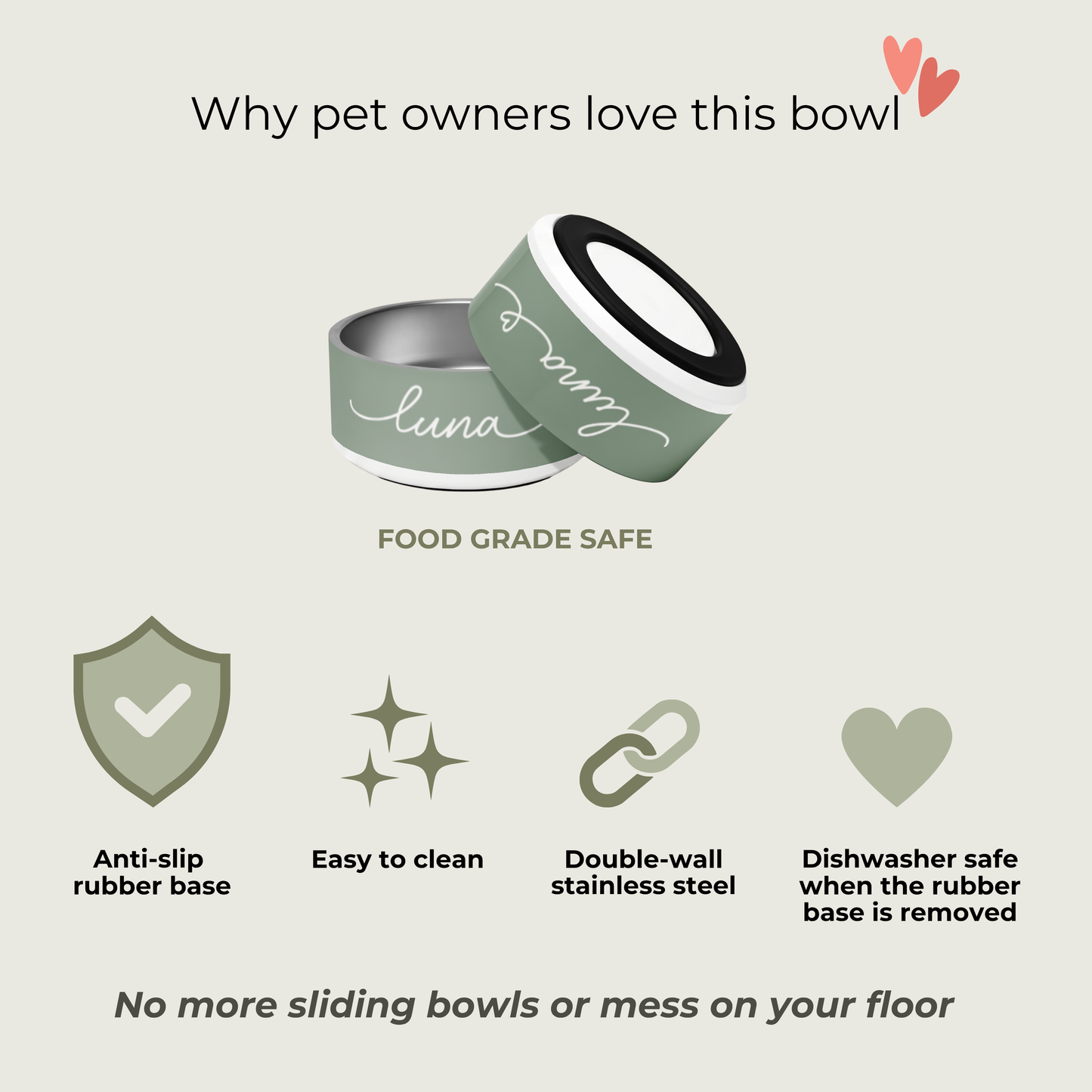 Pet bowl with features listed on a light gray background - Paw and Bone Atelier